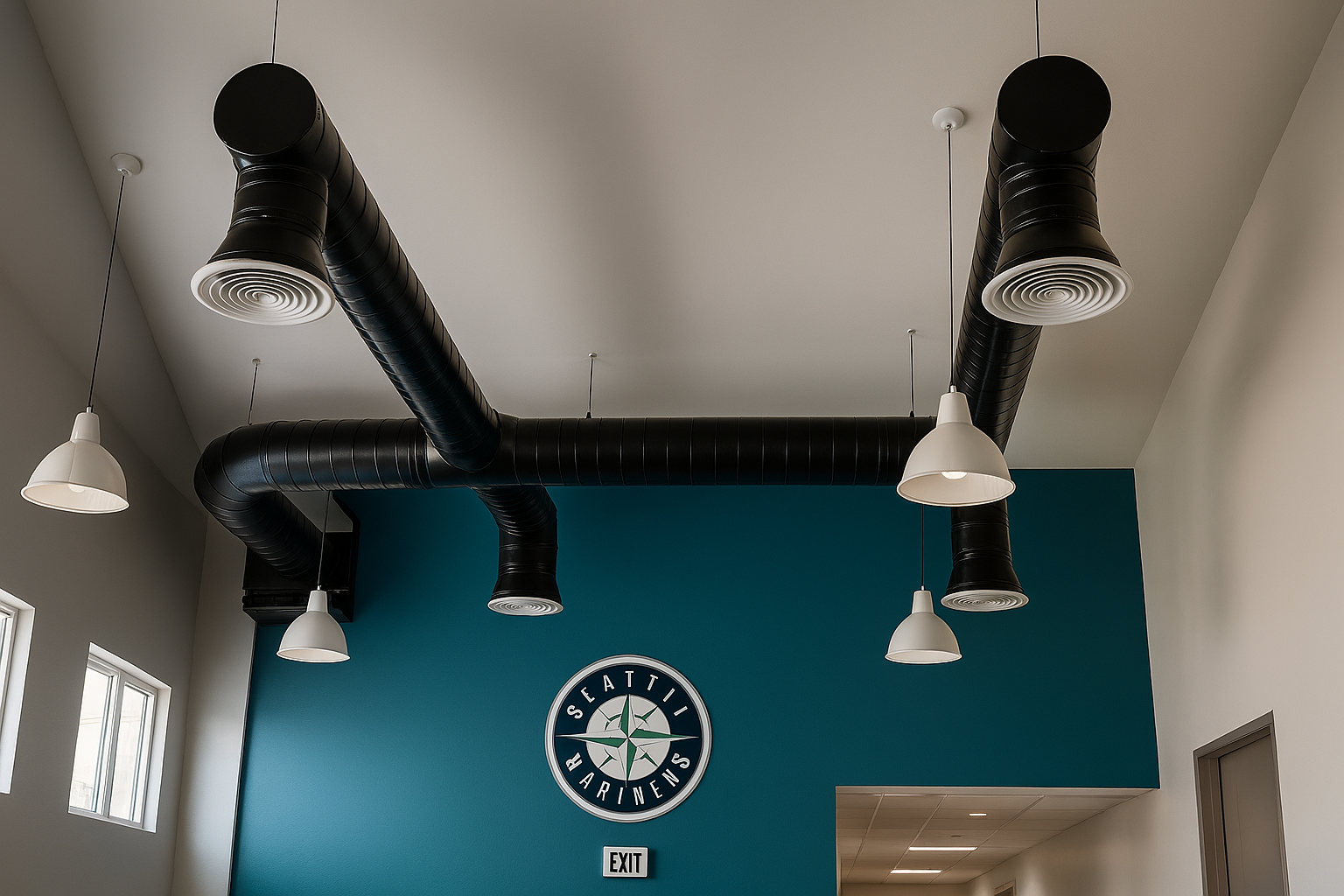 Vista interior del sistema de climatización instalado en la academia, destacando ductos y luminarias modernas.