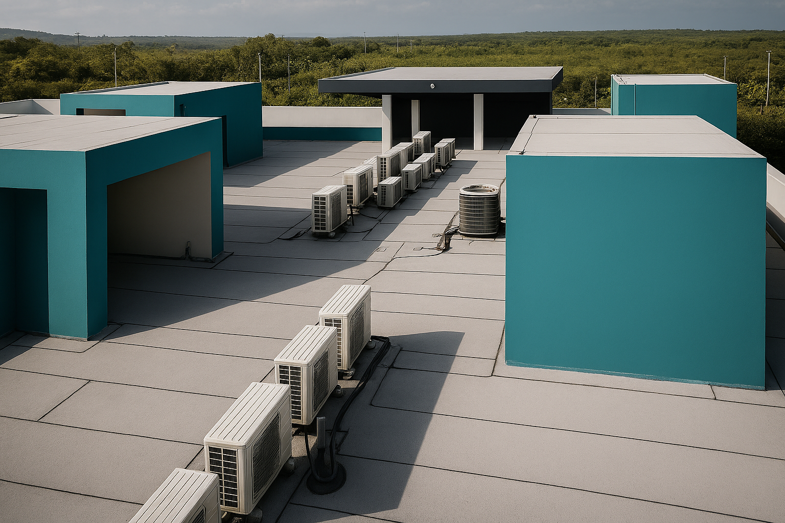 Unidades de aire acondicionado en la azotea, diseñadas para ofrecer alto rendimiento y eficiencia energética.